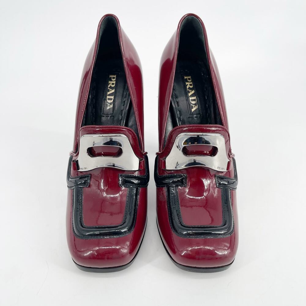Prada Fall 2010 Burgundy Patent Leather Loafer Square Toe Block Heels IT 39.5 - Picture 6 of 16
